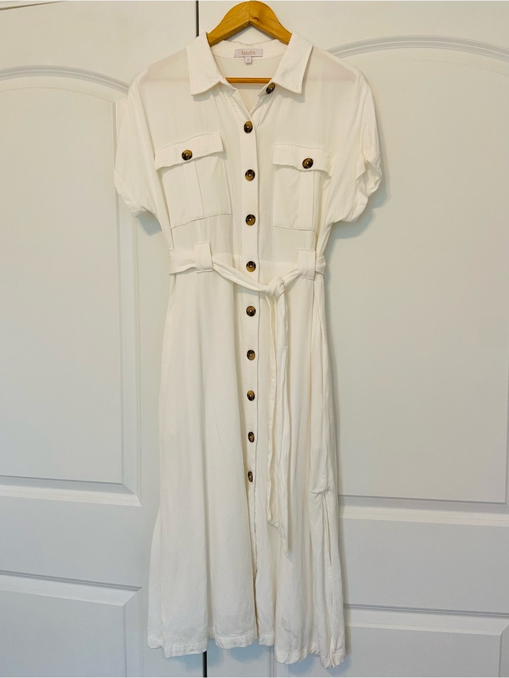 Ivory White Safari Midi Dress Button Front Belted Shirt Dress Small European